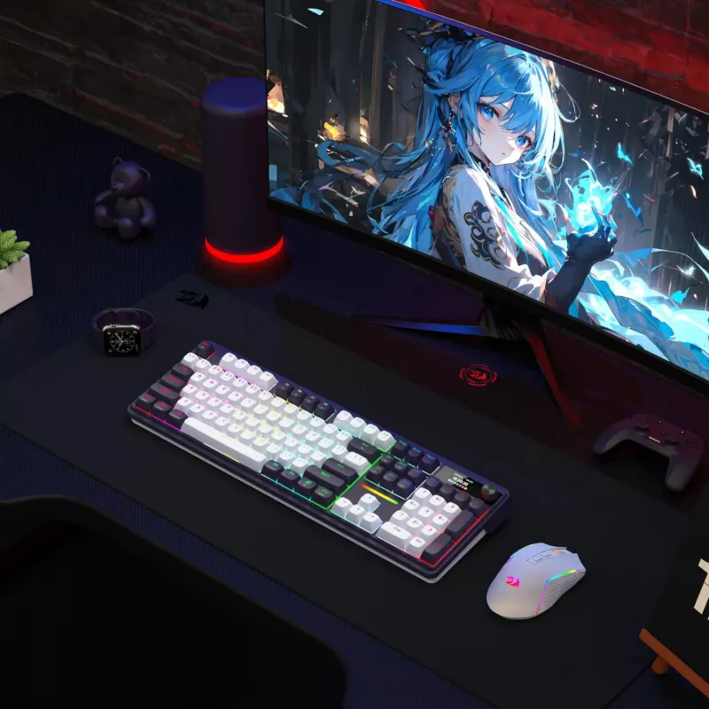 Redragon K762WB-RGB-PRO LCD pilno dydžio garsą izoliuojanti mechaninė klaviatūra - juoda