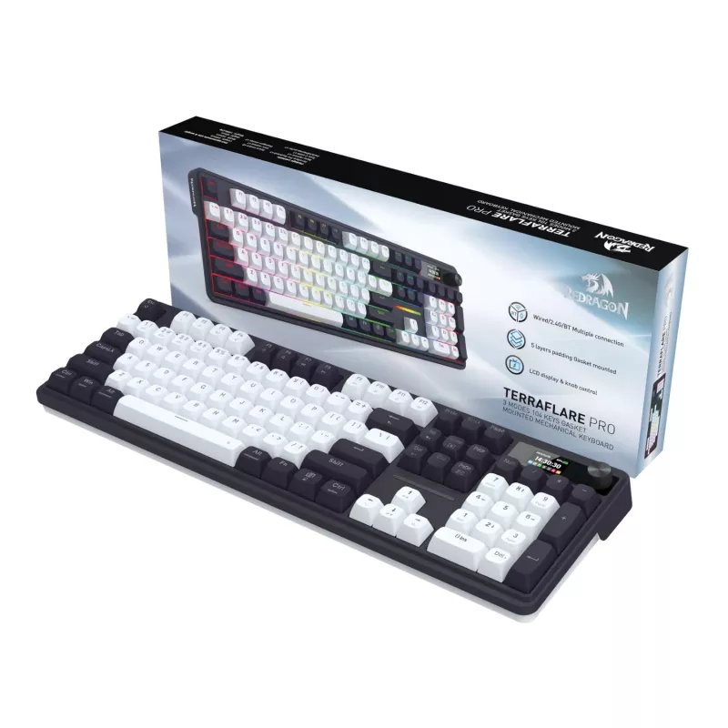 Redragon K762WB-RGB-PRO LCD pilno dydžio garsą izoliuojanti mechaninė klaviatūra - juoda