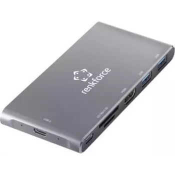 Renkforce RF-PCR-550 USB-C šakotuvas su HDMI, 3x USB-A, PD, SD/microSD kortelių skaitytuvu - pilkos spalvos aliuminis RF-4599772
