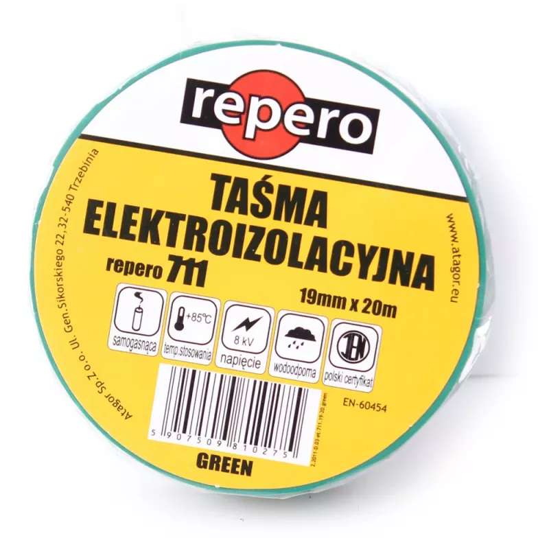 REPERO TTE711E4-0019-20 PVC elektros izoliacinė juosta, žalia, 19 mm x 20 m, 600V, liepsnai atspari