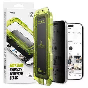 Ringke iPhone 17 Pro Ekrano apsauga Premium Easy Slide Privacy Grūdintas stiklas 9H su montavimo rėmeliu (2 vnt.) Skaidri