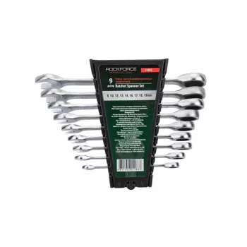 ROCKFORCE 9 dalių metrinis reketinis kombinacinis veržliarakčių rinkinys, chromvanadžio plienas, 72 dantys, 8-22 mm, DIN standartas