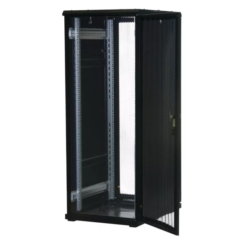 Rockstable 32U 19 inch serverio stovas su tinklinėmis durelėmis - laisvai pastatomas rėmas - 32U - 800 kg - spyna - tvirtinimo bėgeliai - reguliuojamos kojelės (RS19-6832PP)