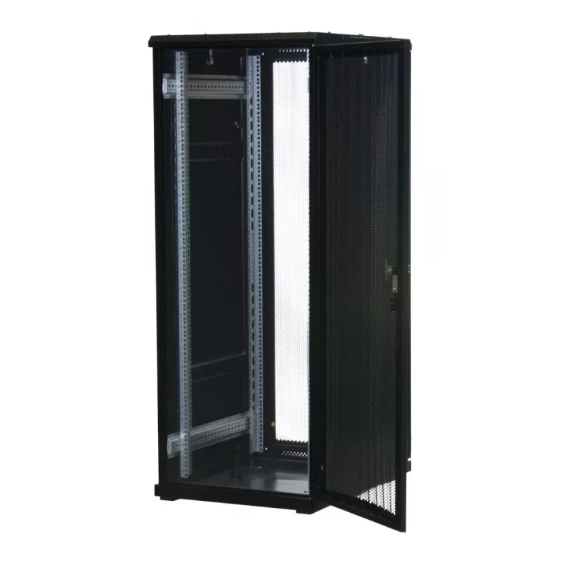 Rockstable 32U 19 inch serverio stovas su tinklinėmis durelėmis - laisvai pastatomas rėmas - 32U - 800 kg - spyna - tvirtinimo bėgeliai - reguliuojamos kojelės (RS19-6832PP)