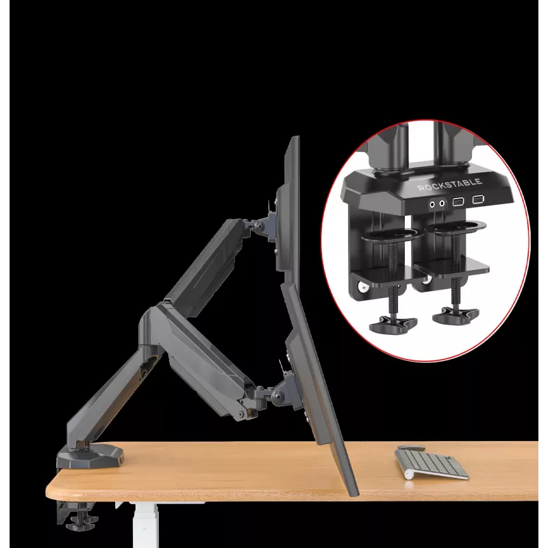 Rockstable RS-MM011B Profesionalus Dvigubo Monitoriaus Stalo Laikiklis - Spaustuvas/Varžtas - 16 kg - 15-32 colių - 100x100 mm - Juodas