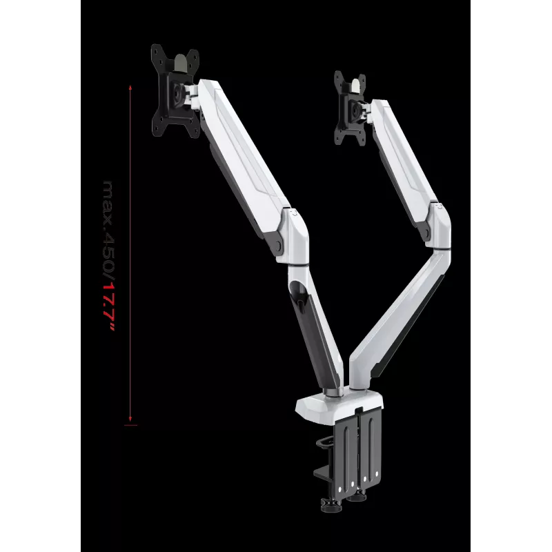 ROCKSTABLE RS-MM011W Profesionalus Dviejų Monitorių Laikiklis - Spaustuvas / Grommet - 16 kg - 38,1 cm (15 inch) - 81,3 cm (32 inch) - 100 x 100 mm - Baltas