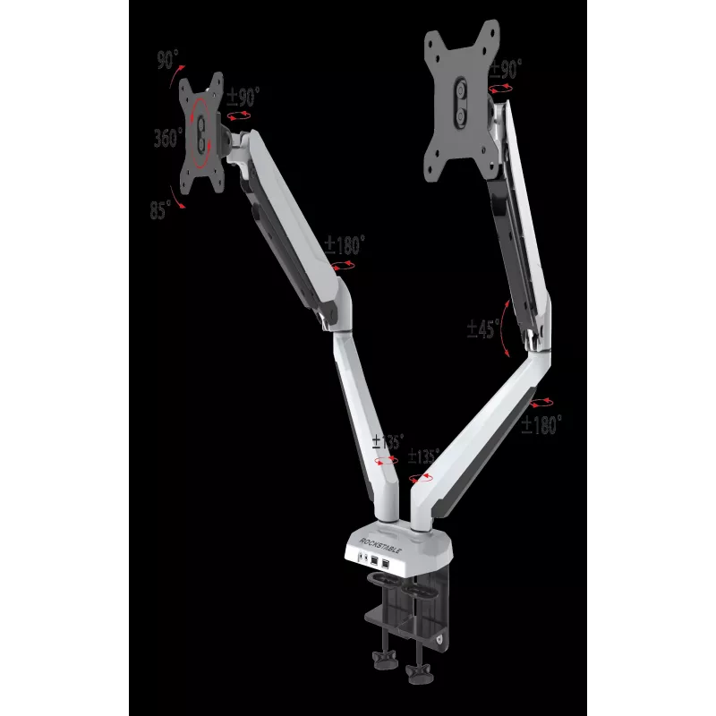 ROCKSTABLE RS-MM011W Profesionalus Dviejų Monitorių Laikiklis - Spaustuvas / Grommet - 16 kg - 38,1 cm (15 inch) - 81,3 cm (32 inch) - 100 x 100 mm - Baltas