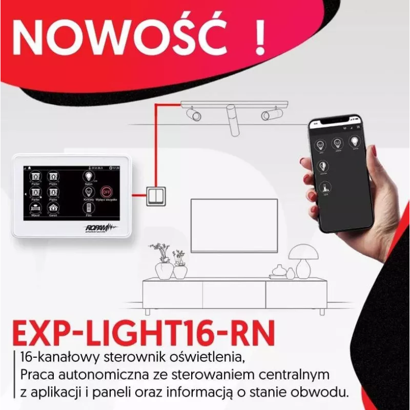 Ropam apšvietimo valdiklis EXP-LIGHT16-RN – 16 kanalų relės plėtimosi modulis RopamNet magistralei
