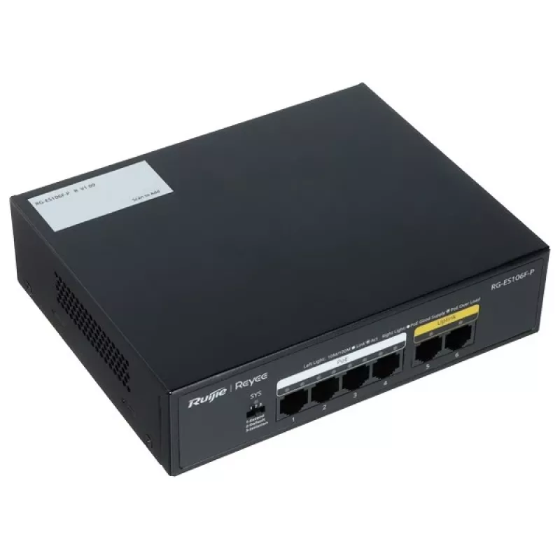 Ruijie RG-ES106F-P 6 prievadų Fast Ethernet PoE jungiklis, 4 PoE+ prievadai, 54W biudžetas, nevaldomas, juodas