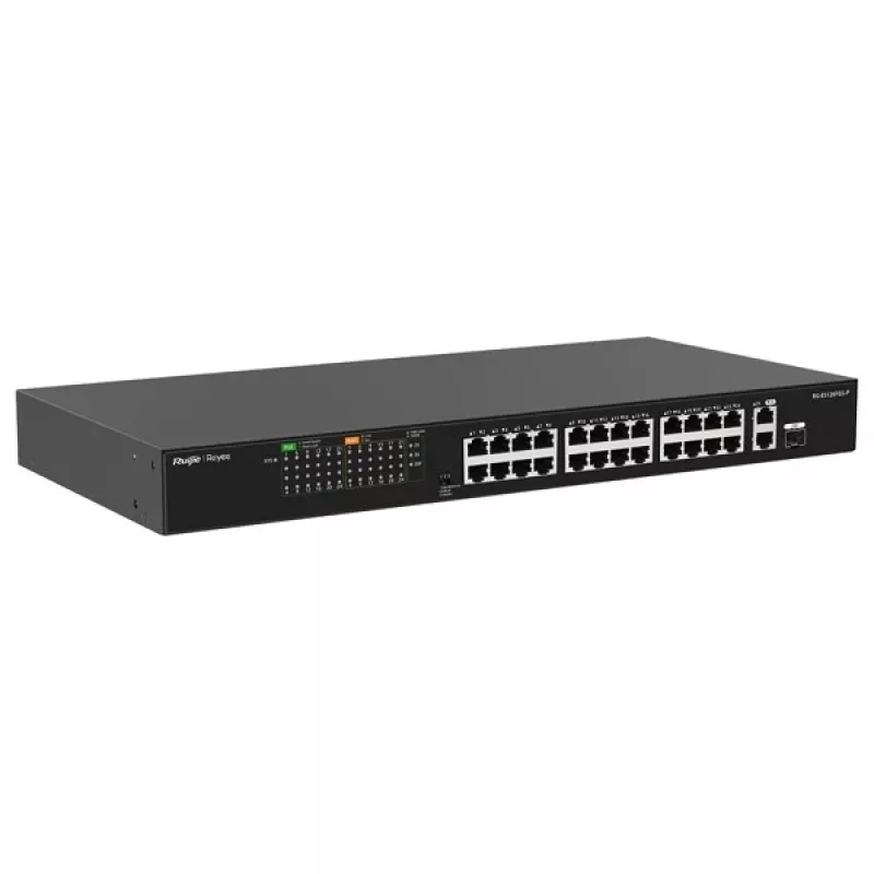 RUIJIE RG-ES126FGS-P 24 prievadų Gigabit PoE+ išmanusis valdomas jungiklis su 2 SFP jungtimis, 370W biudžetas, montuojamas į stelažą, Reyee serija