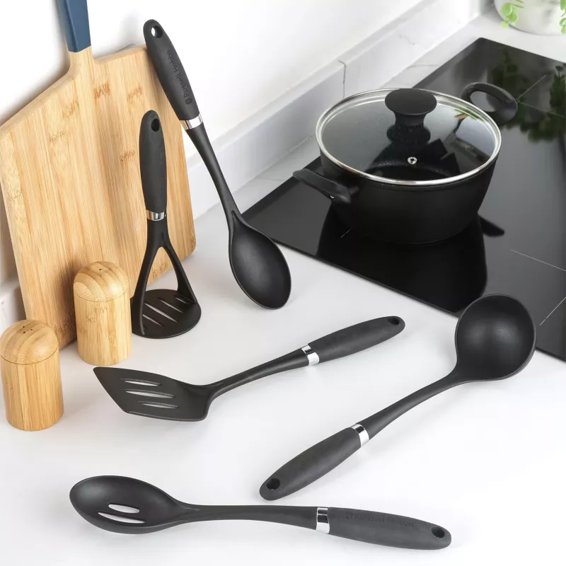 Russell Hobbs RH03026EU7 5 dalių virtuvės įrankių rinkinys su besisukančiu stovu, juodas ir sidabrinis