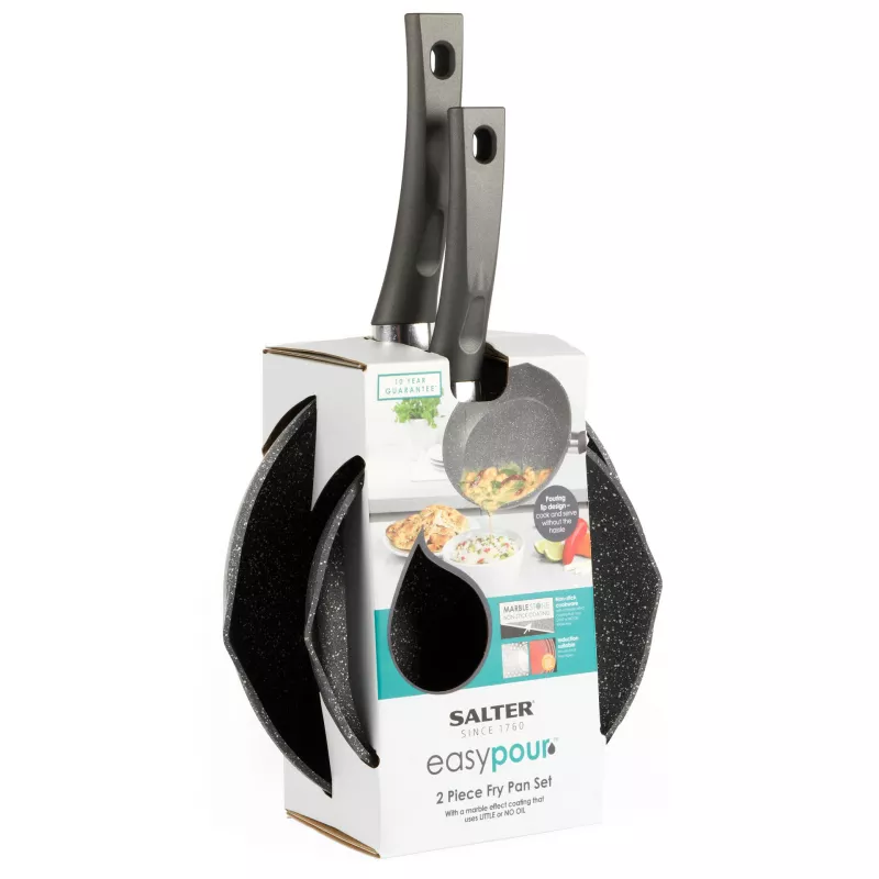 Salter BW09071AR Easy Pour 2 dalių keptuvių rinkinys - 20 cm ir 24 cm, kaltinis aliuminis, PFOA neprideganti danga, tinka indukcinėms kaitlentėms, juoda/pilka