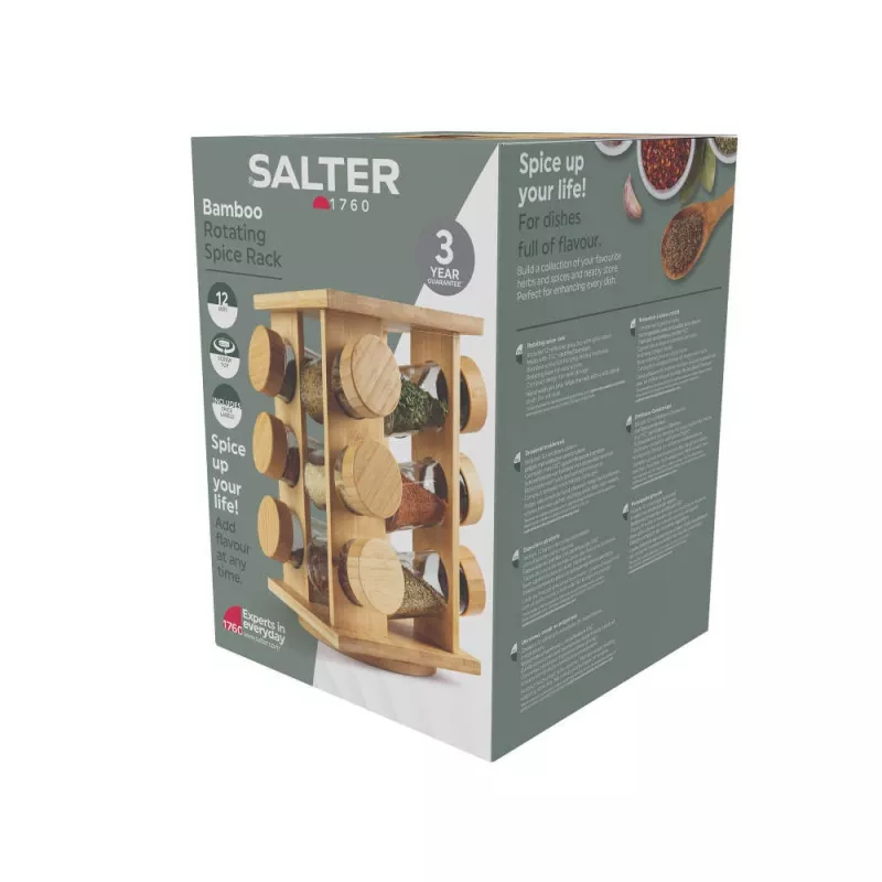 Salter BW14238 rotacinis prieskonių stovas iš bambuko su 16 stiklo stiklainių