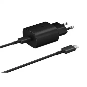 Samsung 25W kelioninis įkroviklis + USB-C/USB-C duomenų laidas juodos spalvos (OOB didmeninė pakuotė) (EP-TA800EBE + EP-DA905BBE)