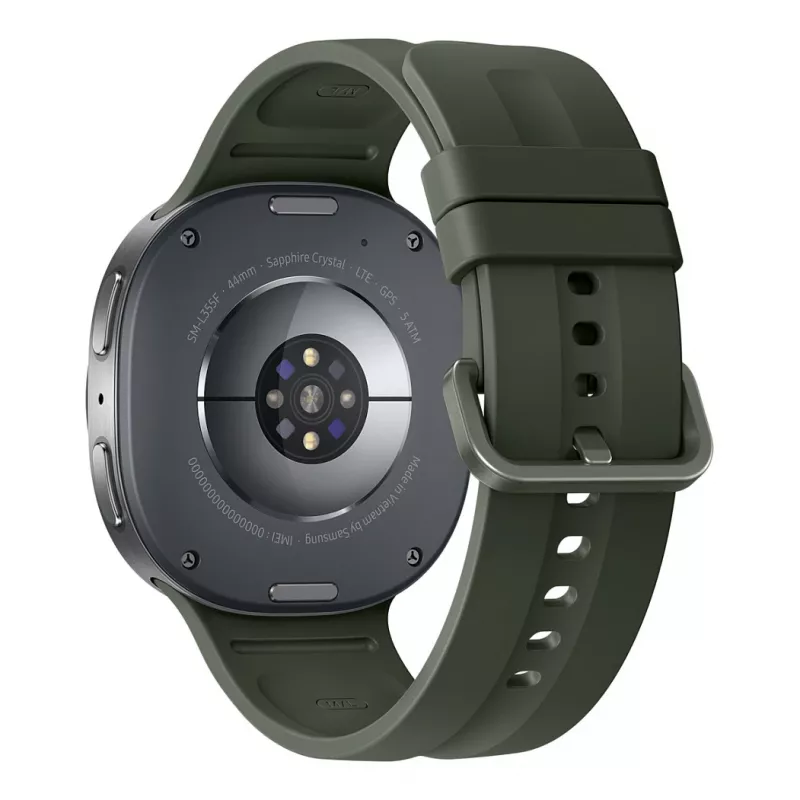 Samsung Galaxy Watch9 LTE 44 mm sidabrinis išmanusis laikrodis su alyvuogių spalvos sportiniu dirželiu M/L