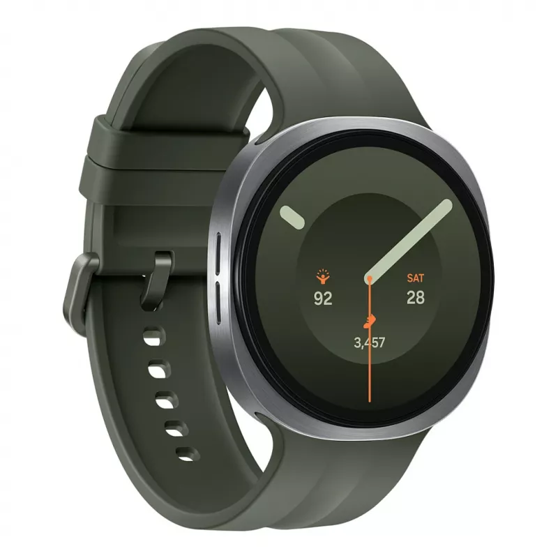 Samsung Galaxy Watch9 LTE 44 mm sidabrinis išmanusis laikrodis su alyvuogių spalvos sportiniu dirželiu M/L