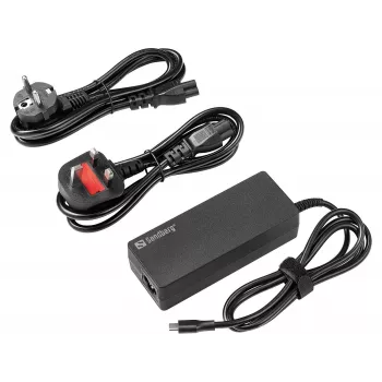 SANDBERG USB-C AC Charger PD100W EU+UK – 100W USB-C Power Delivery sieninis įkroviklis su keičiamais EU/UK kištukais, juodos spalvos