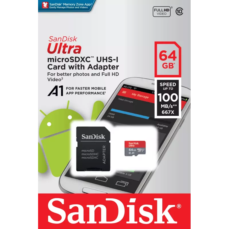 SanDisk Ultra 64GB microSDXC atminties kortelė su SD adapteriu