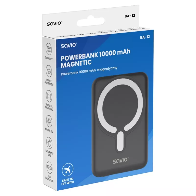 Savio BA-12 belaidis magnetinis power bank 10000 mAh juodas