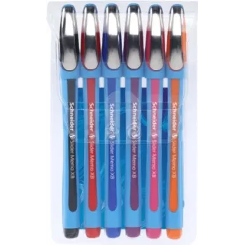 Schneider Slider Memo XB tušinukų rinkinys - 6 skirtingų spalvų (juoda, mėlyna, raudona, žalia, oranžinė, violetinė) - ypač platus 1,4 mm nerūdijančio plieno antgalis - Viscoglide greitai džiūstantys rašalai 150296