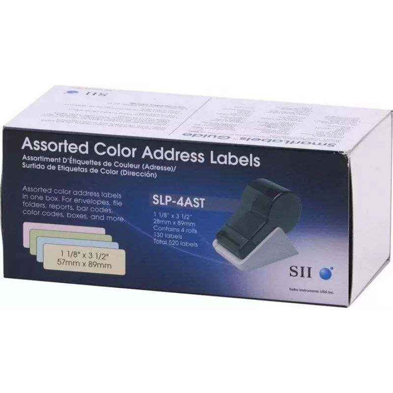 Seiko SLP-4AST Įvairiaspalvės adresų etiketės - 28 x 89 mm, 520 etikečių (4 ritinėliai po 130) Smart Label Printer 420/425/430/440/450 spausdintuvams
