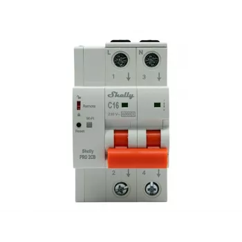 Shelly Pro 2CB C16 išmanusis miniatiūrinis automatinis jungiklis, 2 poliai, 16A, C kreivė, 6kA, Wi-Fi/LAN/Bluetooth, energijos stebėjimas, DIN bėgelis