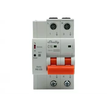 Shelly Pro 2CB C16 išmanusis miniatiūrinis automatinis jungiklis, 2 poliai, 16A, C kreivė, 6kA, Wi-Fi/LAN/Bluetooth, energijos stebėjimas, DIN bėgelis
