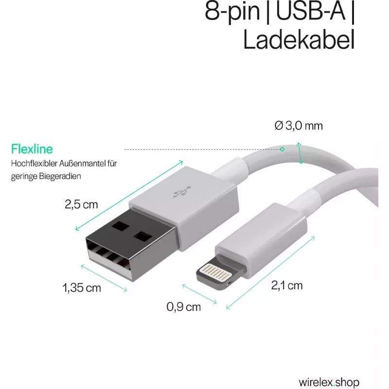 SHIVERPEAKS Flexline USB Charge & Sync Cable, USB-A to 8-Pin (Lightning), 2.0, ABS, White, 1,5m (FL31-12042)
