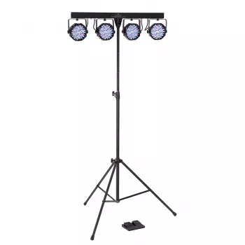 Soundsation 4LEDKIT-PARTY2 4-in-1 LED apšvietimo rinkinys su Derby, PAR, Stroboskopu, Lazeriu, Trikojžiu, IR nuotolinio valdymo pultu ir Pėdų valdikliu