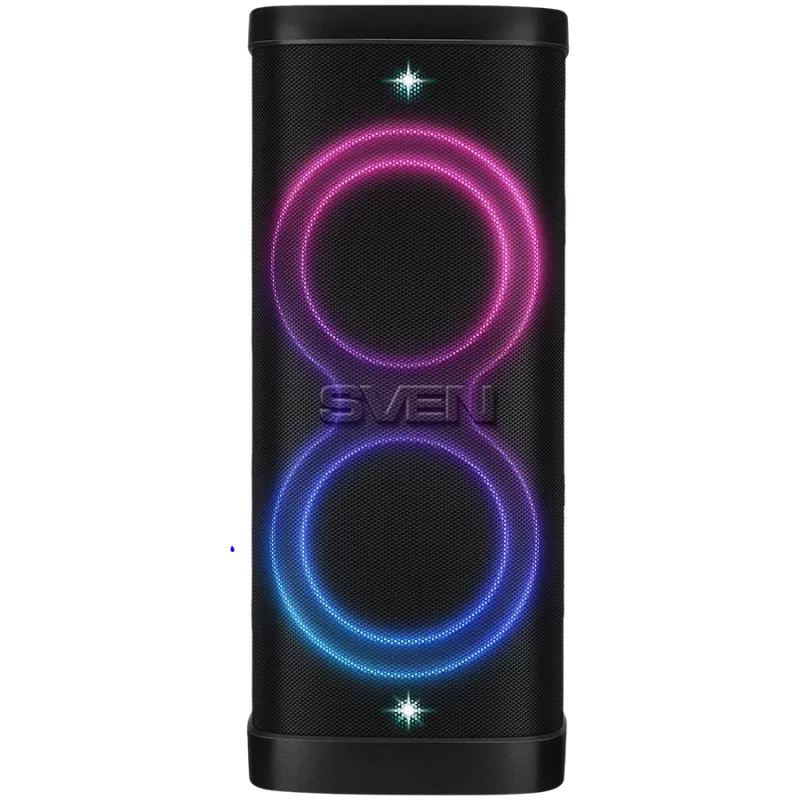 Kolonėlė Party Box SVEN PS-1250, juoda (300W, TWS, IPx4, Bluetooth, FM, USB, microSD, LED ekranas, 13500mAh)