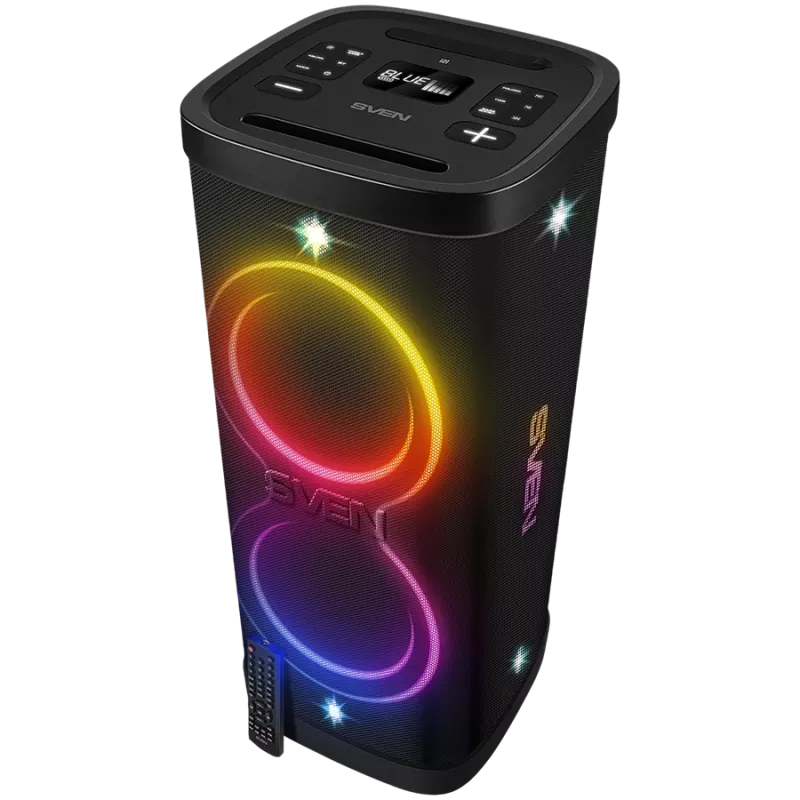 Kolonėlė Party Box SVEN PS-1250, juoda (300W, TWS, IPx4, Bluetooth, FM, USB, microSD, LED ekranas, 13500mAh)