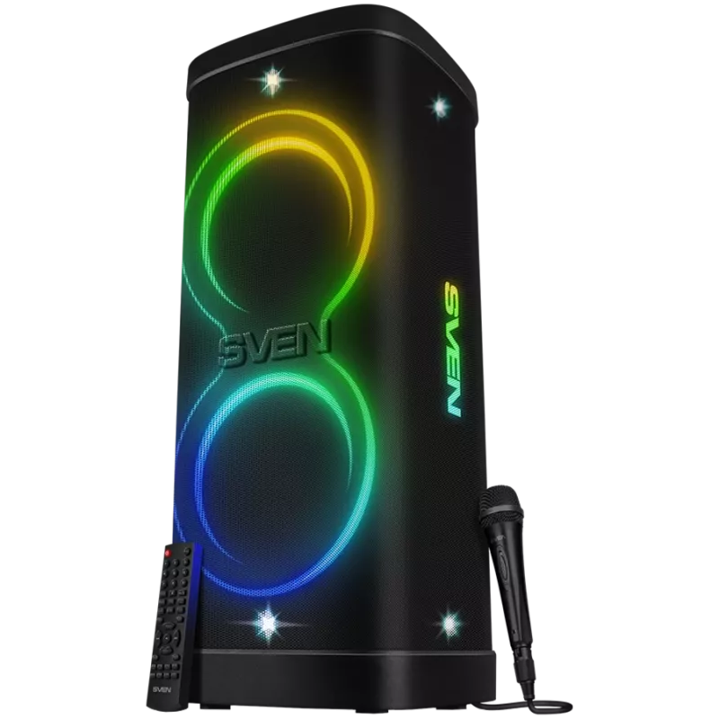Kolonėlė Party Box SVEN PS-1250, juoda (300W, TWS, IPx4, Bluetooth, FM, USB, microSD, LED ekranas, 13500mAh)