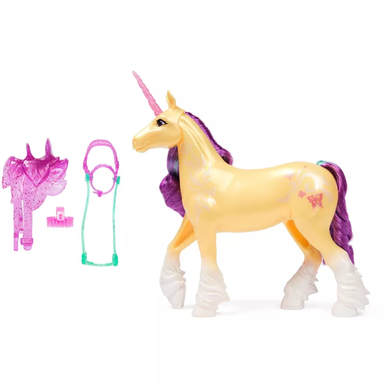 SPINMASTER Unicorn Academy – Einhorn Leaf (28 cm, su tikrais karčiais ir uodega, nuimamais pakinktais, balneliu ir šepetėliu)