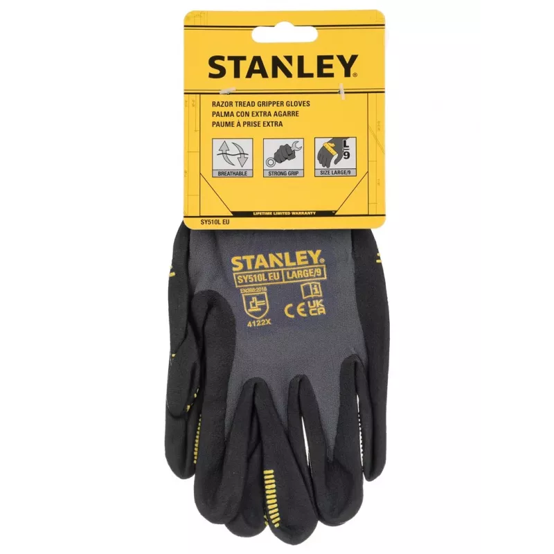 Stanley SY510L-QS Darbo pirštinės, dydis L (9) – sintetinė oda, spandekso nugara, neopreno rankogalis, EN 388 sertifikuota, juoda/geltona