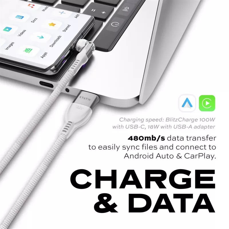 STATIK PowerPivot Pro Nylon Braided Cable, USB-C to USB-C, 3m, White