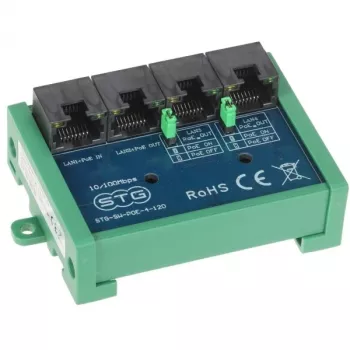 STG-SW-POE-4-120 4 prievadų Fast Ethernet PoE komutatorius su prailgintuvu, 3x PoE+ 30W, 1x Uplink, 60W biudžetas, 250m režimas