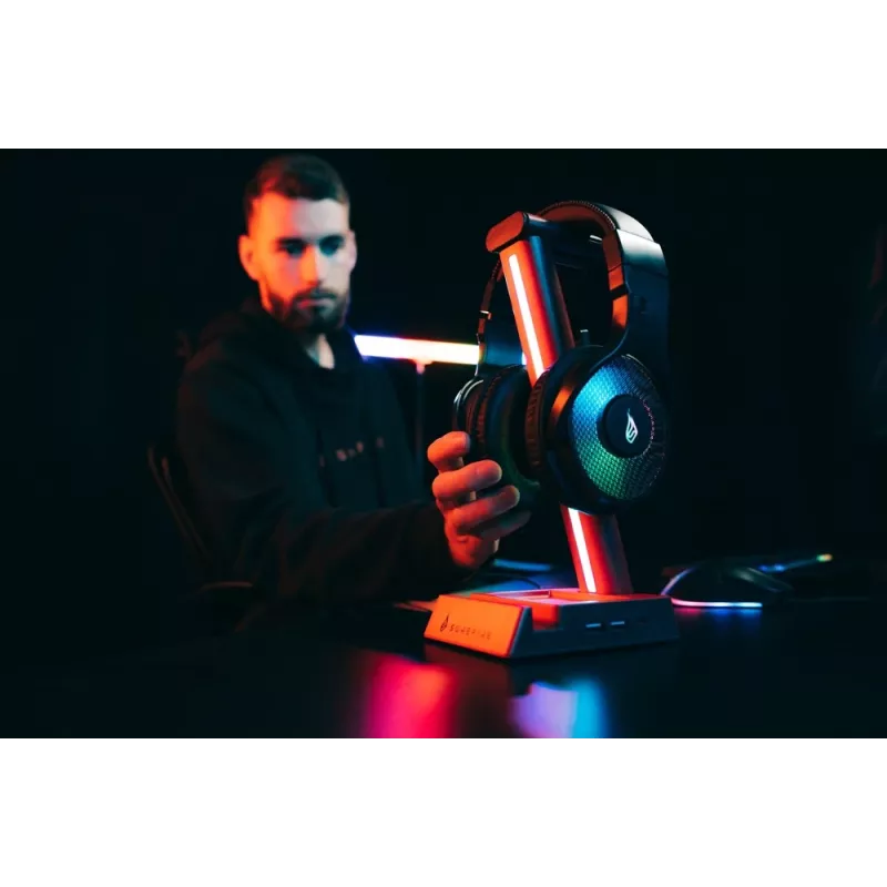 SureFire VINSON N2 RGB žaidimų ausinių stovas su 2 prievadų USB šakotuvu ir 3.5mm garso pralaidumu
