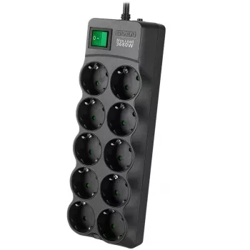 SVEN SF-10E-16 Ilgintuvas su apsauga nuo viršįtampių, 10 lizdų, 16A, 3.6kW, 1.8m, juoda