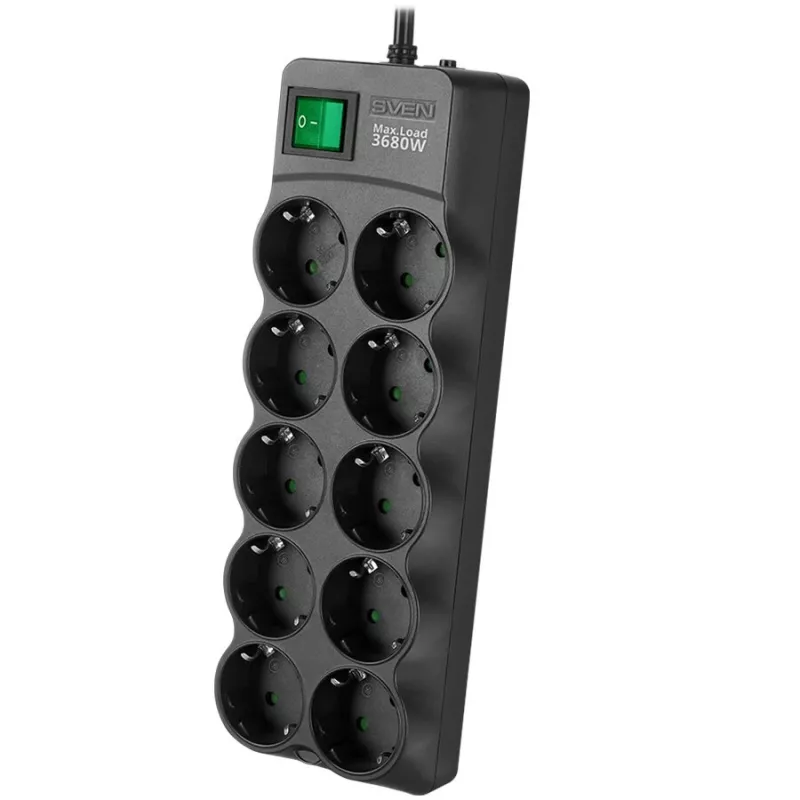SVEN SF-10E-16 Ilgintuvas su apsauga nuo viršįtampių, 10 lizdų, 16A, 3.6kW, 1.8m, juoda