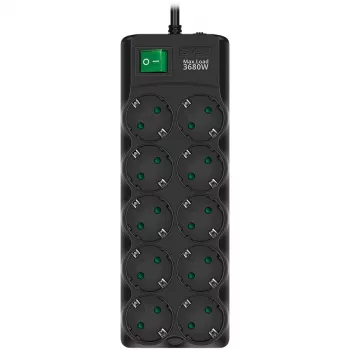 SVEN SF-10E-16 Ilgintuvas su apsauga nuo viršįtampių, 10 lizdų, 16A, 3.6kW, 1.8m, juoda