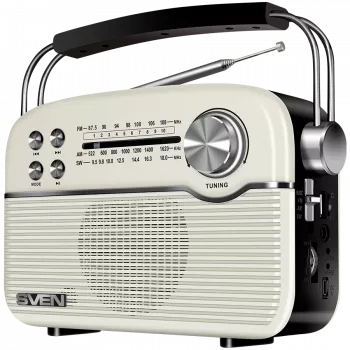 SVEN SRP-500 nešiojamas Bluetooth garsiakalbis, baltas (3W, FM/AM/SW radijas, USB, microSD, AUX, baterija)