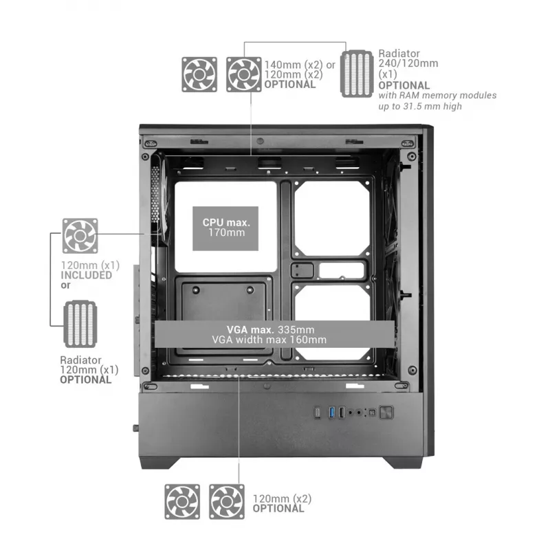 TACENS MARS MC-QUANTUM Mid-Tower ATX Case su 3x120mm FDB ventiliatoriais + 1x120mm ARGB ventiliatoriumi, USB-C, grūdintu stiklu, juoda