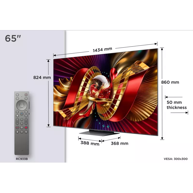TCL 65C8L 65 colių 4K Ultra HD Mini LED QLED išmanusis televizorius su Google TV, Dolby Vision IQ, 144Hz VRR, Onkyo 2.1 garsu