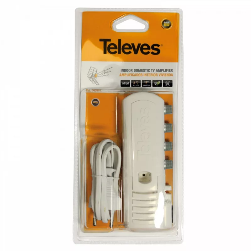 Televes 39550 buitinis TV signalo stiprintuvas su F tipo jungtimis – 3 išėjimai (2+TV): VHF/UHF – Auto LTE