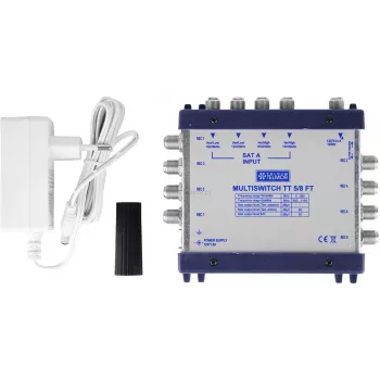 Telmor Multiswitch TT 5/8 Terminal – 5 įėjimai (4 SAT + 1 TER) į 8 išėjimus, DiSEqC 2.0, metalinis korpusas