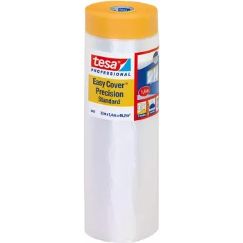 tesa 04402-00000-01 Easy Cover® universali apsauginė plėvelė su lipnia juosta, 17 m x 2,6 m, permatoma HDPE, geltonai smėlio spalvos popierinė juosta, natūralaus kaučiuko klijai, 1 ritinys