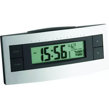 TFA 60.2511 Radijo Valdomas Žadintuvas - Juodas/Sidabrinis - LCD Ekranas - Patalpų Temperatūra - Snaudimo Funkcija - Mėlynas Apšvietimas - 2x AAA