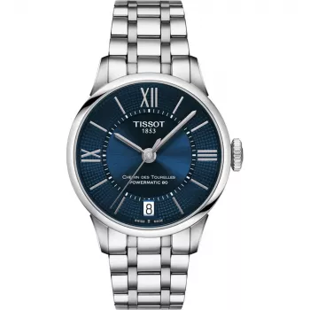 TISSOT T-Classic Chemin des Tourelles moteriškas automatinis laikrodis 32mm mėlynas perlamutrinis ciferblatas deimantiniai indeksai nerūdijančio plieno apyrankė