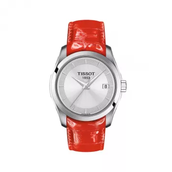 TISSOT T-Classic Couturier moteriškas laikrodis T035210160310 32mm sidabrinis ciferblatas, baltas odinis dirželis