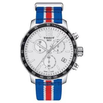 TISSOT T-Sport Quickster Vyriškas Chronografinis Laikrodis 42mm Sidabrinis Ciferblatas Mėlyna ir Raudona Nylon Juosta T09541717371